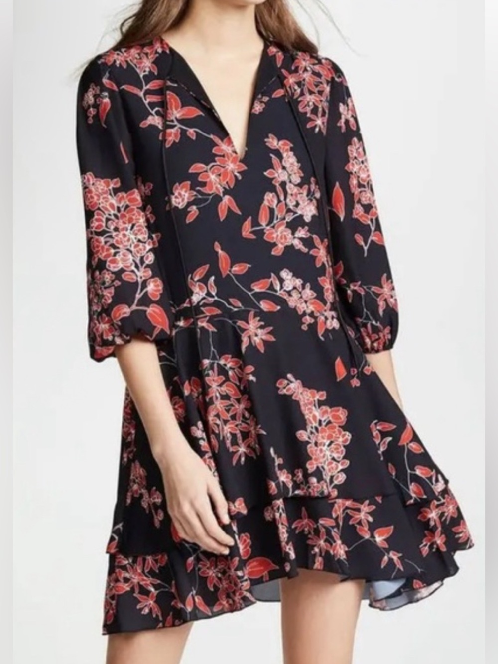 Alice + Olivia Dress Moore S/ M Slim Arm Black red Floral V Neck Tiered